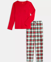 Load image into Gallery viewer, Womens Plaid Flannel Pajama Set with Crew Neck Top and Drawstring Pocket Pants
