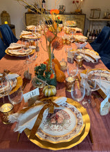 Load image into Gallery viewer, A Sophistiplate LLC Turkey &amp; Gourds: Thanksgiving Table for 16 set on a mauve tablecloth with velvet ribbons, gourds, and floral centerpieces.
