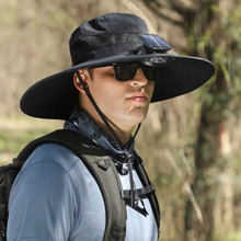 Load image into Gallery viewer, Wide Brim Solar Fan Outdoor Bucket Hat Solar &amp; USB Charging
