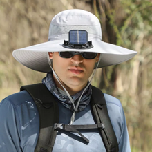 Load image into Gallery viewer, Wide Brim Solar Fan Outdoor Bucket Hat Solar &amp; USB Charging
