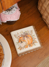 Load image into Gallery viewer, Turkey &amp; Gourds Cocktail Napkins/26pk, featuring scalloped edges and an illustration of gourds with a plaid bow.
