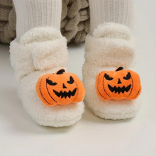 Load image into Gallery viewer, Children's Ankle High Slippers with Pumpkin and Spider Design, Fleece Polyester Blend

