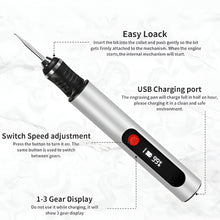 Load image into Gallery viewer, DIY Engraving Pen for Artists, Rechargeable Precision Tool for 50+ Surfaces with 30 Bits and Mastery Guide
