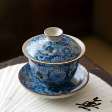 Load image into Gallery viewer, Blue and White Porcelain Teacup with Lid, 3.7 oz Exquisite Ceramic Gaiwan for Home Tea Brewing

