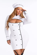 Load image into Gallery viewer, Womens Chef Costume Set with Cutout Long Sleeve Dress and Hat for Halloween
