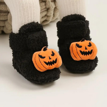 Load image into Gallery viewer, Children's Ankle High Slippers with Pumpkin and Spider Design, Fleece Polyester Blend
