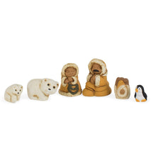 Load image into Gallery viewer, Six Piece Arctic Family Nativity Set of Bundled Up Ceramic Figures Packed in a Matchbox
