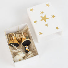 Load image into Gallery viewer, Six Piece Arctic Family Nativity Set of Bundled Up Ceramic Figures Packed in a Matchbox
