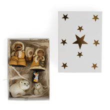 Load image into Gallery viewer, Six Piece Arctic Family Nativity Set of Bundled Up Ceramic Figures Packed in a Matchbox
