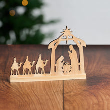 Load image into Gallery viewer, Hand Cut Pine Wood Nativity with Praying Holy Family and Three Wise Men on Camels
