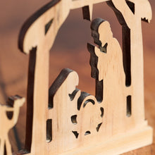 Load image into Gallery viewer, Hand Cut Pine Wood Nativity with Praying Holy Family and Three Wise Men on Camels
