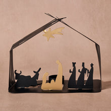 Load image into Gallery viewer, Black and Gold Iron Nativity Silhouette with Tea Light Cup and Gold Star
