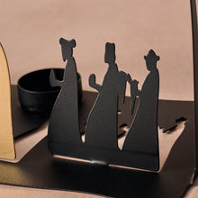 Load image into Gallery viewer, Black and Gold Iron Nativity Silhouette with Tea Light Cup and Gold Star
