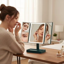 Load image into Gallery viewer, LED Light Vanity Mirror with Tri-Fold Magnification and Adjustable Brightness
