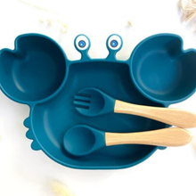 Load image into Gallery viewer, Silicone Crab Shaped Baby Feeding Set with Bamboo Utensils
