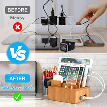 Load image into Gallery viewer, Bamboo Multi-Device Charging Station with 5 USB Ports and Organizer for Phones, Tablets, and Smartwatches
