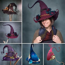 Load image into Gallery viewer, Wool Witch Hat with Silk Chiffon Accent and Natural Plant Dyes, Adjustable
