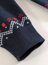 Load image into Gallery viewer, Mens Nordic Snowflake Knit Sweater with Ribbed Cuffs and Hem and a Round Neck in Navy
