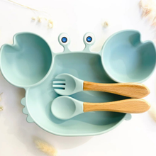 Load image into Gallery viewer, Silicone Crab Shaped Baby Feeding Set with Bamboo Utensils
