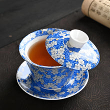 Load image into Gallery viewer, Chinoiserie Enamel Porcelain Tea Bowl with Rotating Three-Cup Design and Gold Lid
