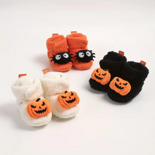 Load image into Gallery viewer, Children's Ankle High Slippers with Pumpkin and Spider Design, Fleece Polyester Blend
