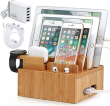 Load image into Gallery viewer, Bamboo Multi-Device Charging Station with 5 USB Ports and Organizer for Phones, Tablets, and Smartwatches
