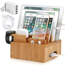 Load image into Gallery viewer, Bamboo Multi-Device Charging Station with 5 USB Ports and Organizer for Phones, Tablets, and Smartwatches
