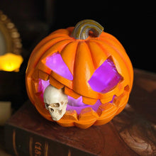 Load image into Gallery viewer, Resin Jack O Lantern Decoration with Carved Skull Detail
