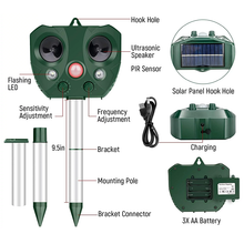 Load image into Gallery viewer, Solar Ultrasonic Bird Repeller with Motion Activated LED Lights and 5 Sensitivity Modes
