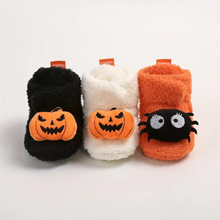 Load image into Gallery viewer, Children's Ankle High Slippers with Pumpkin and Spider Design, Fleece Polyester Blend
