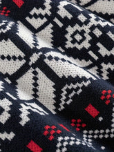 Load image into Gallery viewer, Mens Nordic Snowflake Knit Sweater with Ribbed Cuffs and Hem and a Round Neck in Navy
