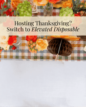 Load image into Gallery viewer, A Thanksgiving table setting featuring Amber Harvest: Thanksgiving Table for 16, with checkered linens, orange and green floral centerpieces, decorative paper pumpkins, designer disposable plates, and text reading Hosting Thanksgiving? Switch to Elevated Disposable.
