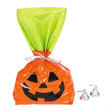 Load image into Gallery viewer, Large Jack O Lantern Cellophane Bags Pack of 50 with Orange and Green Design for Halloween Treats
