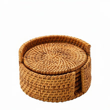 Load image into Gallery viewer, Natural Woven Rattan Coaster Set with Holder, 6 Piece Table Protection Set for Drinks and Decor
