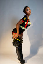 Load image into Gallery viewer, Fire Captain Romper Costume Set with Attached Suspenders and Hat
