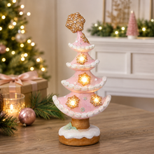 Load image into Gallery viewer, Pastel Pink Gingerbread Tree with LED Lights and Snowflake Cookie Topper, Tabletop Christmas Decoration
