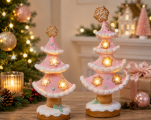 Load image into Gallery viewer, Pastel Pink Gingerbread Tree with LED Lights and Snowflake Cookie Topper, Tabletop Christmas Decoration

