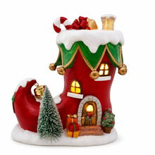 Load image into Gallery viewer, Boot Shaped Resin House with Built-In Light and Holiday Details
