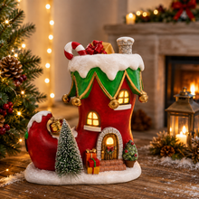 Load image into Gallery viewer, Boot Shaped Resin House with Built-In Light and Holiday Details
