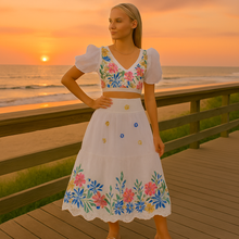 Load image into Gallery viewer, Floral Puff Sleeve Crop Top and High Waist Ruched Skirt Set for Women
