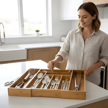 Load image into Gallery viewer, Adjustable Bamboo Drawer Organizer for Effortless Kitchen Storage
