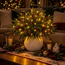 Load image into Gallery viewer, Light Up Norfolk Pine Branch with Warm Golden Twinkles Battery Powered in Classic Red Berry Or Frosted
