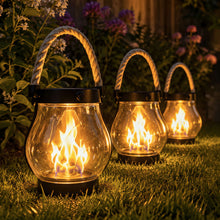 Load image into Gallery viewer, Solar Powered Lantern with Flame Effect Light and Hemp Rope Handle for Patios and Porches
