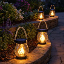 Load image into Gallery viewer, Solar Powered Lantern with Flame Effect Light and Hemp Rope Handle for Patios and Porches

