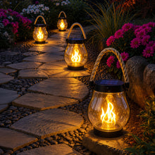 Load image into Gallery viewer, Solar Powered Lantern with Flame Effect Light and Hemp Rope Handle for Patios and Porches
