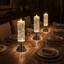 Load image into Gallery viewer, Flameless Glitter Glow Candle with Swirling Shimmer and Golden LED Light in White Gold Or Red
