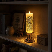 Load image into Gallery viewer, Flameless Glitter Glow Candle with Swirling Shimmer and Golden LED Light in White Gold Or Red
