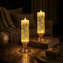 Load image into Gallery viewer, Flameless Glitter Glow Candle with Swirling Shimmer and Golden LED Light in White Gold Or Red

