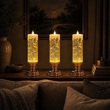 Load image into Gallery viewer, Flameless Glitter Glow Candle with Swirling Shimmer and Golden LED Light in White Gold Or Red
