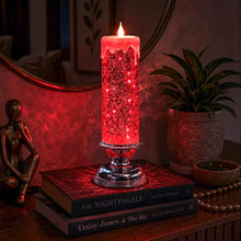 Load image into Gallery viewer, Flameless Glitter Glow Candle with Swirling Shimmer and Golden LED Light in White Gold Or Red
